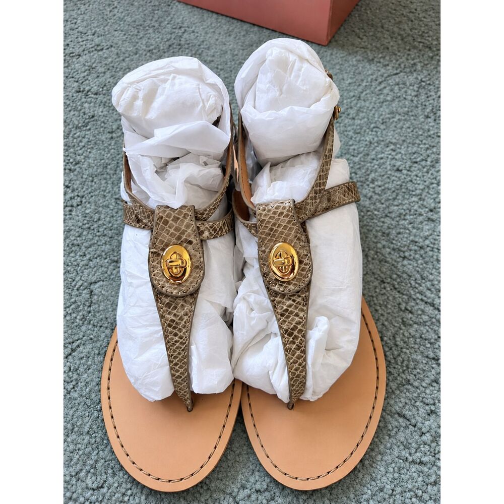 COACH Ingrid Snake Print T-Strap Sandals Gold Turnlock Natural Tan Size 7.5